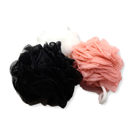 black white and pink loofah sponges