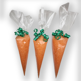 orange bath salts wrapped in plastic cones and tied with green ribbon to appear like carrots