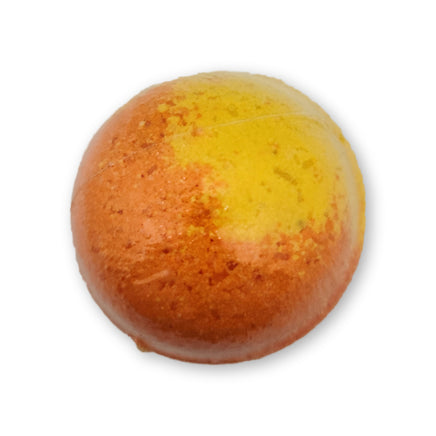 a yellow and orange swirl colored bath bomb