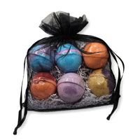 multicolored bath bombs in a translucent bag