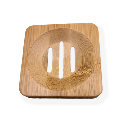 a square wooden soap dish with rounded corners